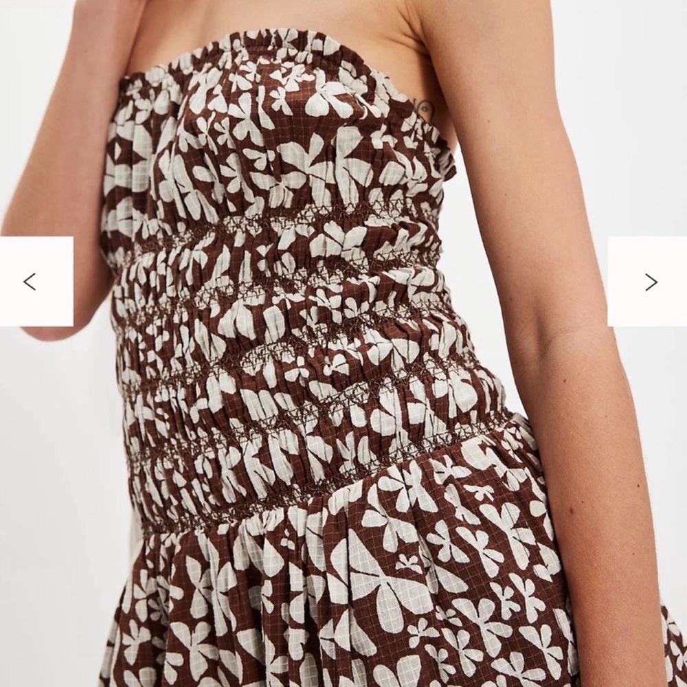 Free People Brown & White Floral Smocked Strapless Bubble Dress - Picture 3 of 14